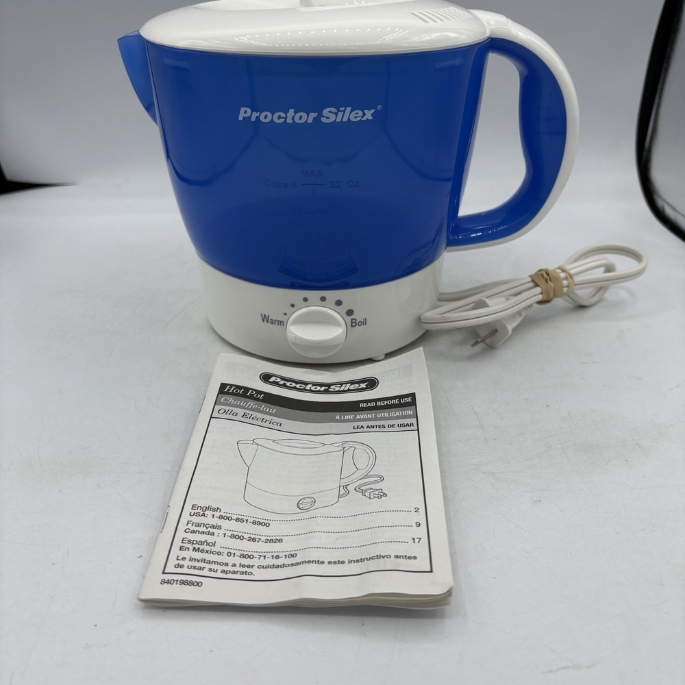 Proctor Silex Electric Kettle Hot Pot Boil 32 oz Max Blue White w Manual HP04